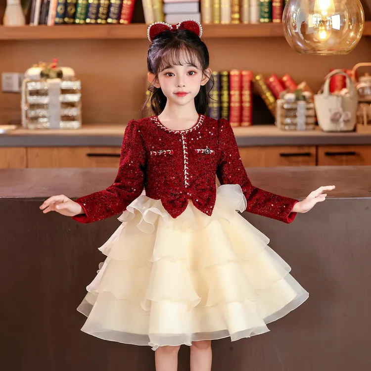 奥莱【专柜正品】25冬装新款儿童公主裙女孩新年装过年衣服裙子冬季