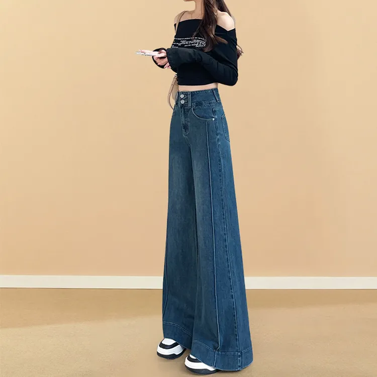 复古阔腿牛仔裤女2025秋季新款高腰拼接显瘦加长高个子直筒喇叭裤