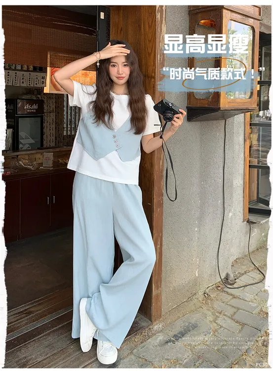 休闲浅蓝色假两件短袖T恤阔腿裤套装女夏2025新款爆款显瘦两件套