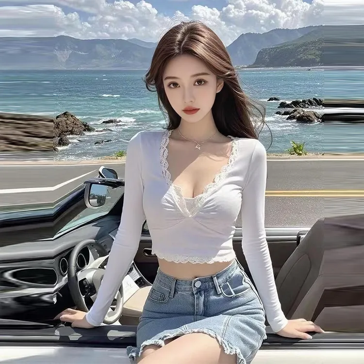 秋季纯欲风女士低领褶皱蕾丝拼接长袖T恤设计感短款紧身打底上衣