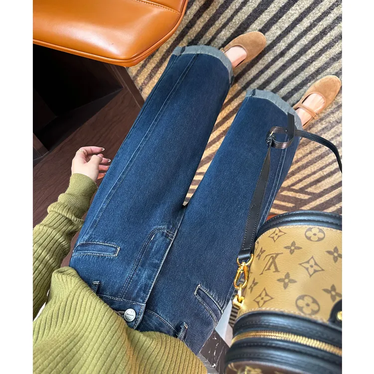 丹宁蓝折边阔腿牛仔裤女2025秋季新款梨形身材遮胯显瘦直筒九分裤