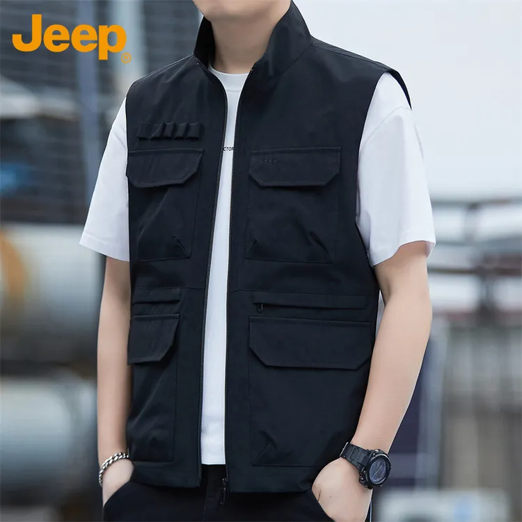 Jeep吉普男士马甲春夏新款立领工装多口袋透气无袖宽松外套潮流男