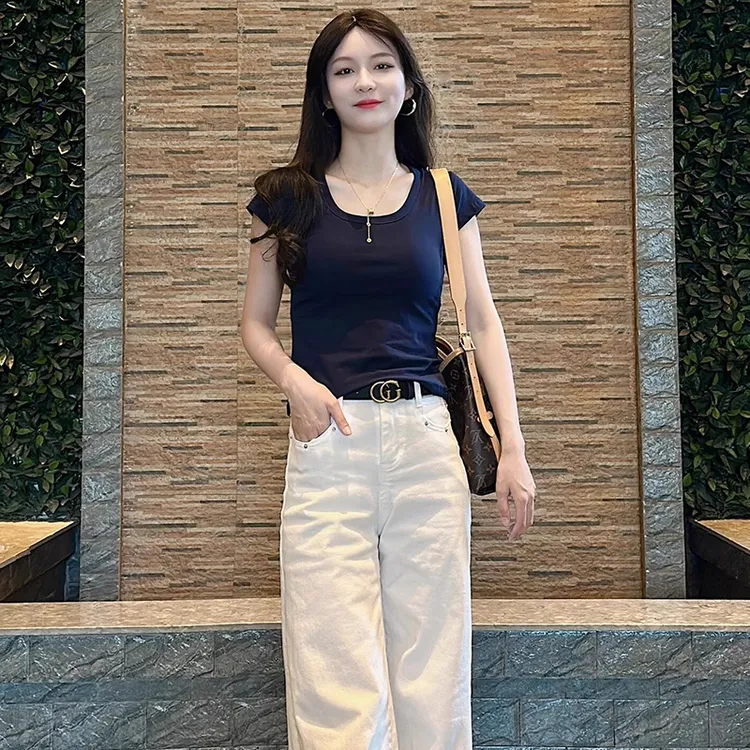 藏蓝色短袖藏青色u领正肩t恤女夏日2025新款修身紧身短款上衣穿搭