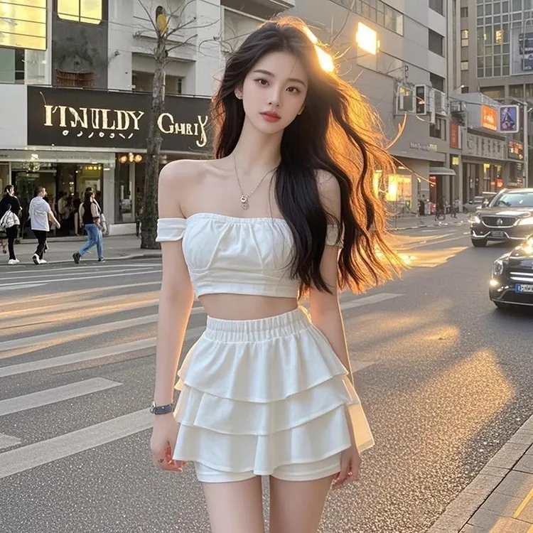 【KEKE】白色一字肩抹胸短款上衣女+蛋糕半身裙裙裤两件套显瘦气质