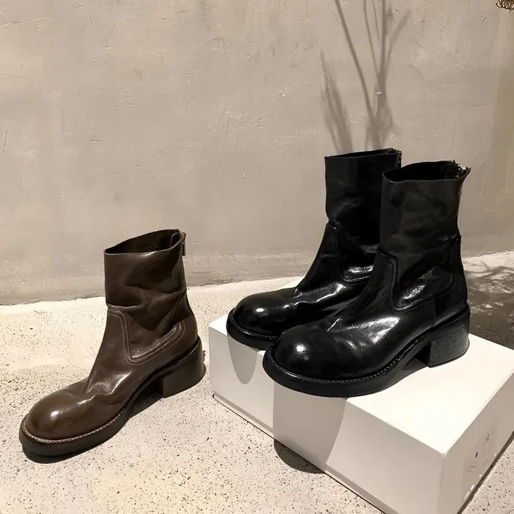 【茵茵家】秋冬新款马丁靴子复古圆头粗跟后拉链6cm真皮烟筒短靴女