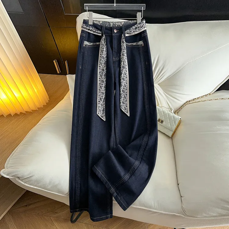 天丝棉阔腿牛仔裤女士2025新款秋季美式高腰宽松显瘦休闲直筒裤子