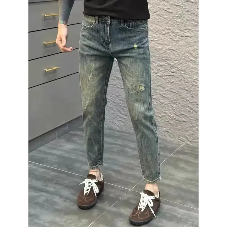 高端刮烂复古牛仔裤男修身小脚2025春夏季新款个性烫钻弹力九分裤