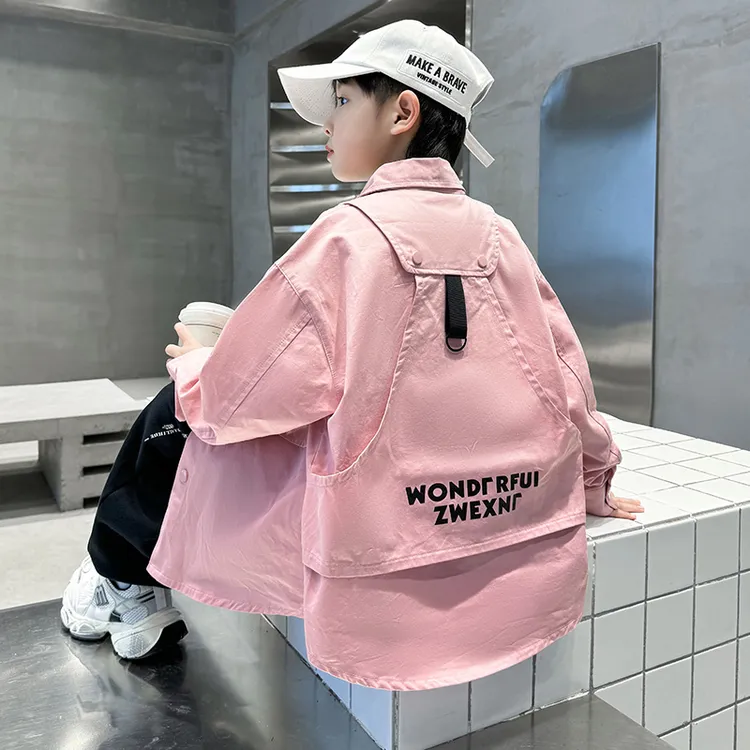 痞帅男童粉色长袖衬衫秋装2025新款儿童春季薄款外套春秋款洋气潮