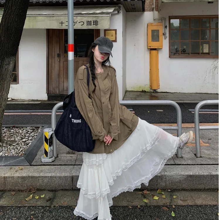 时尚韩版套装垂感工装风外套复古气质休闲中长款风衣女百搭蛋糕裙