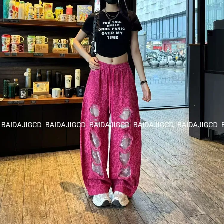 工厂店-（时尚前卫）新款洗水棉镂空设计高腰豹纹休闲阔腿裤（9035）