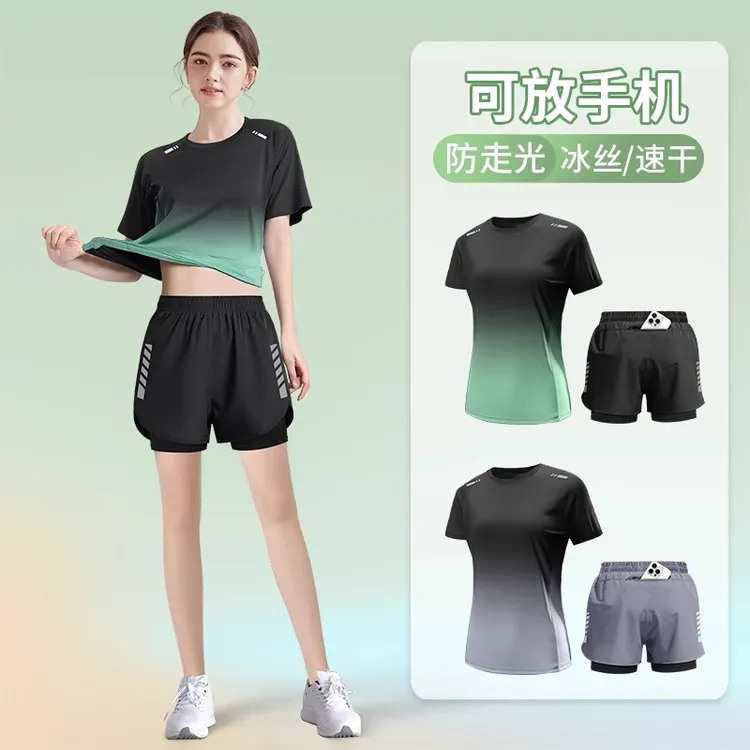 跑步运动套装女夏季冰丝速干衣短袖短裤大码瑜伽健身衣服2025新款
