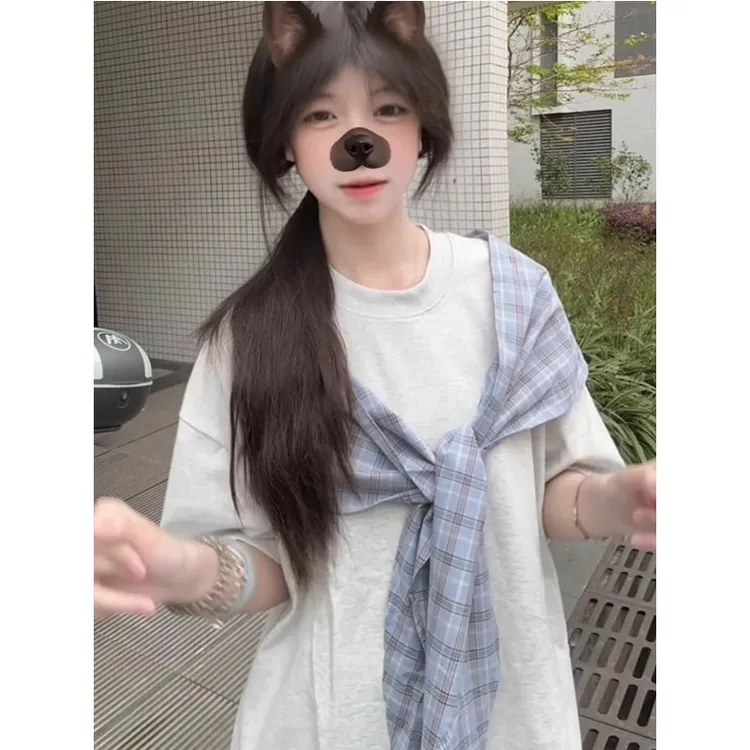 美式复古蝴蝶结格子绑带短袖T恤女夏季宽松高级感纯棉半袖上衣ins