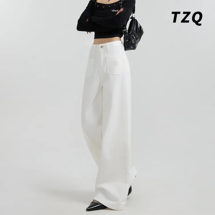 高腰前贴袋宽松直筒阔腿牛仔裤女秋冬新款显瘦拖地长裤TZQ121319