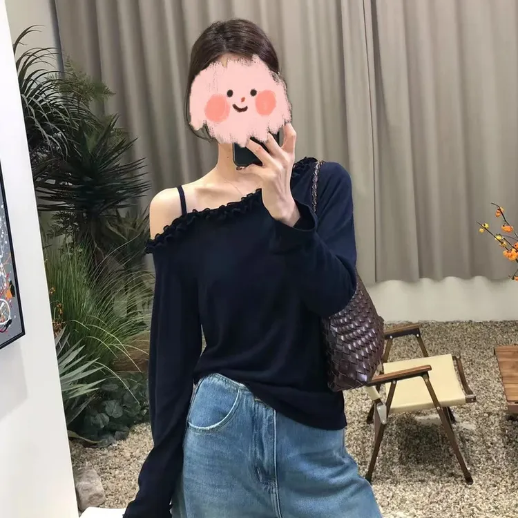 韩系慵懒感套装女2025秋季新款花边露肩针织衫牛仔裤阔腿裤两件套
