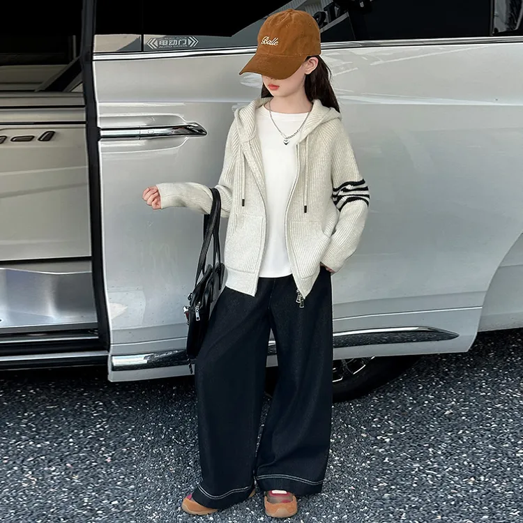 女童开衫毛衣外套连帽休闲2025新款中大童春秋百搭时尚宽松上衣潮