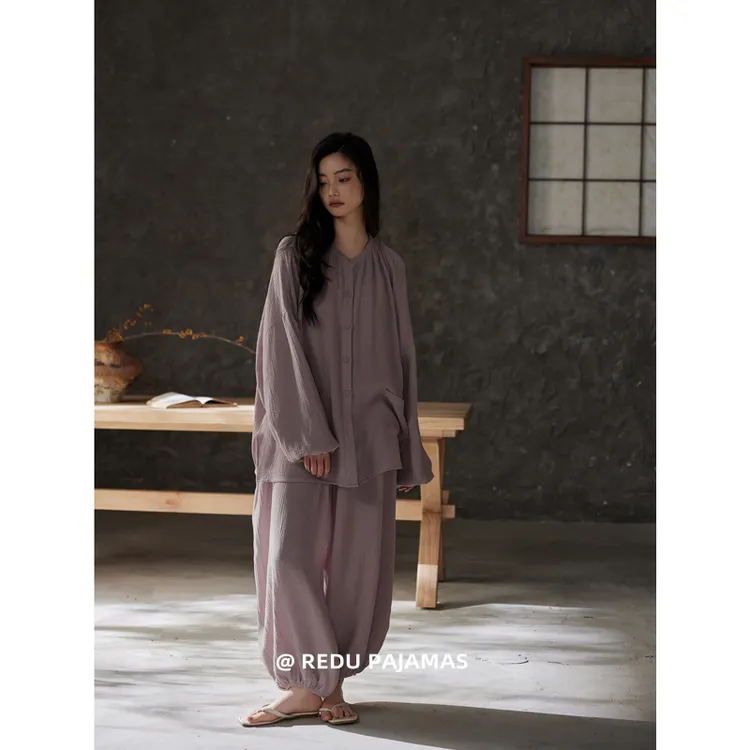 热妒带胸垫睡衣女春秋长袖纯棉纱布紫色宽松束脚家居服套装