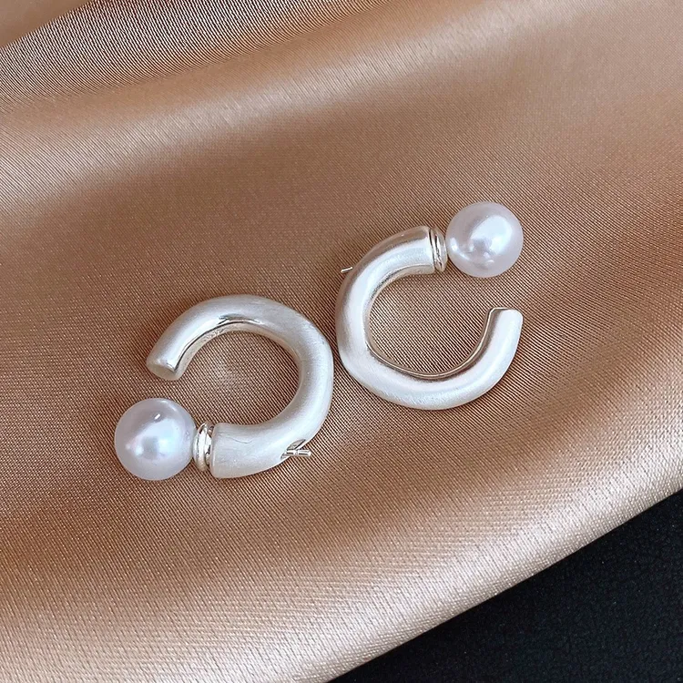 铜合金仿珍珠耳饰 韩版银色拉丝珍珠两戴耳圈气质小众设计耳饰