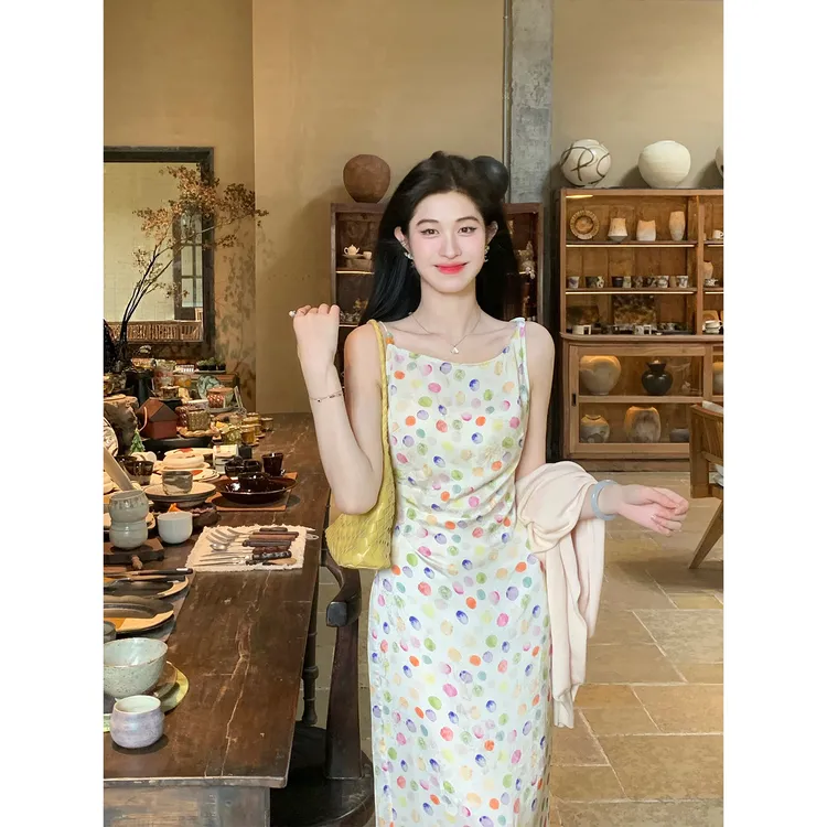 凌茜恣禾【琉璃彩棠】法式纯欲风温柔彩色波点收腰显瘦吊带连衣裙