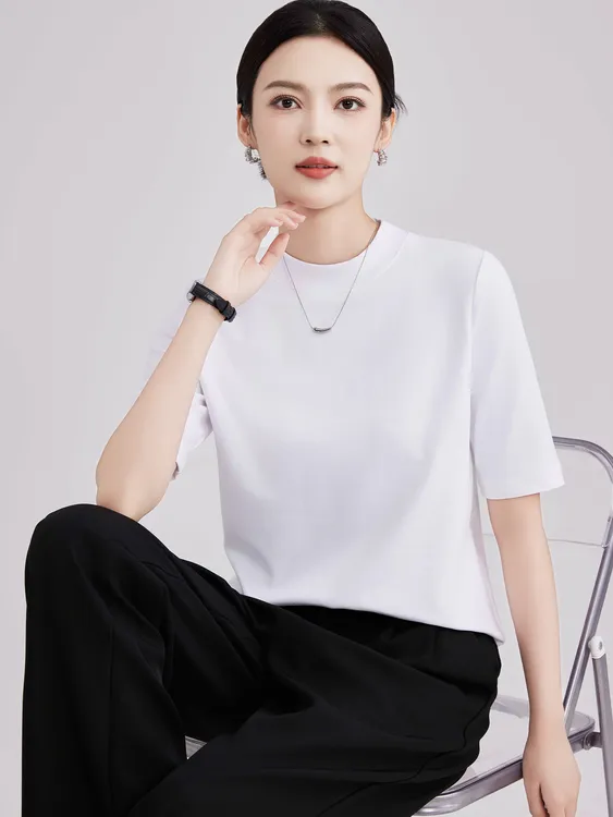 新款女士小半高领80支棉微宽松中袖打底衫