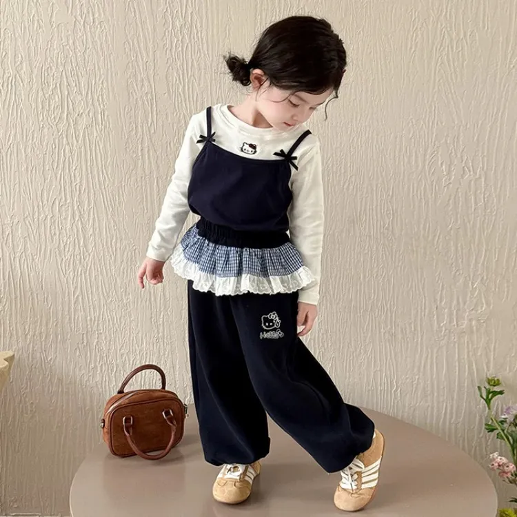 女童韩系套装2025秋季新款百搭假两件长袖花边屁帘休闲裤两件套潮