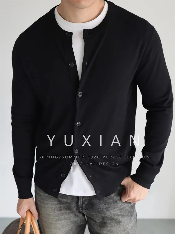 YUXIAN轻盈丝光剥鳞羊毛桑蚕丝圆领针织开衫休闲商务复古早春秋季