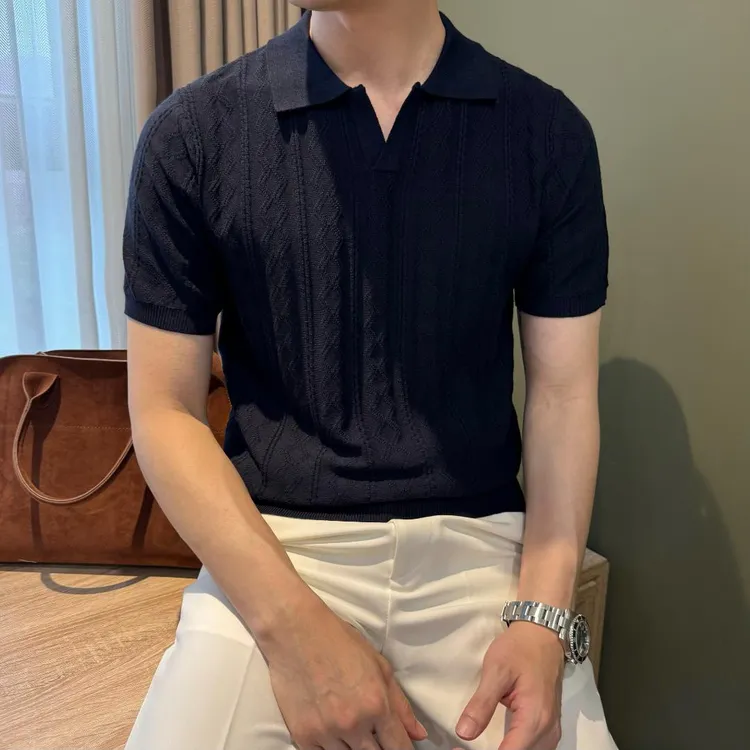 WUSHE物社【轻奢都市】夏季男款翻领提花针织T恤衫简约休闲POLO衫男