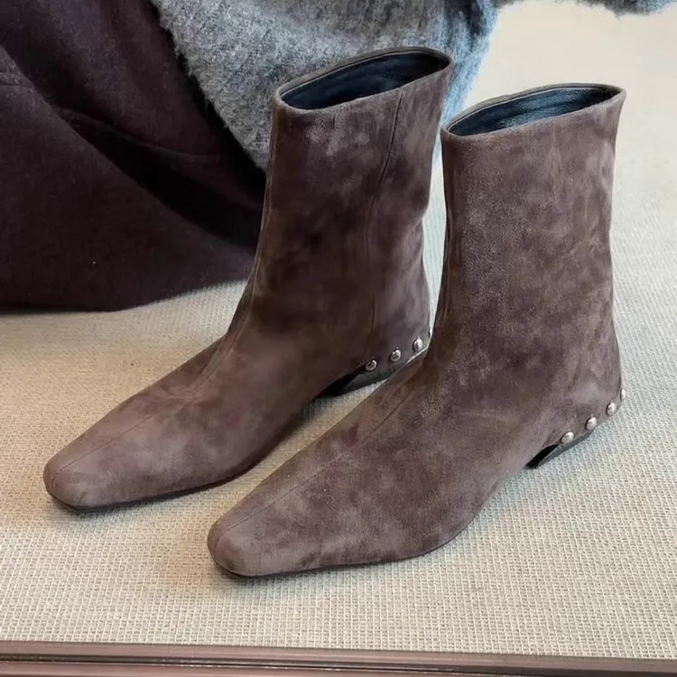 羊皮版~2025秋冬新款法式复古方头铆钉短靴女款粗跟瘦瘦靴马丁靴