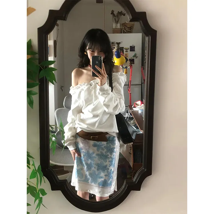 韩系辣妹风设计感抽绳系带斜肩长袖卫衣套头上衣宽松高腰半身裙女