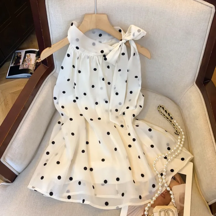 波点蝴蝶结系带挂脖无袖背心女2025夏季新款气质宽松显瘦衬衫上衣