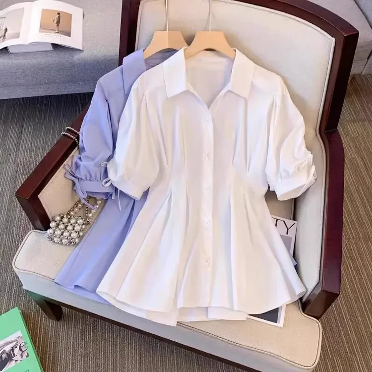 A2552大码短袖衬衫2025年夏季新款设计感女胖mm洋气遮肉女装小衫