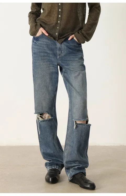 THESOONG|早秋新款水洗做旧膝盖下破洞中腰直筒牛仔裤HBNZ7277