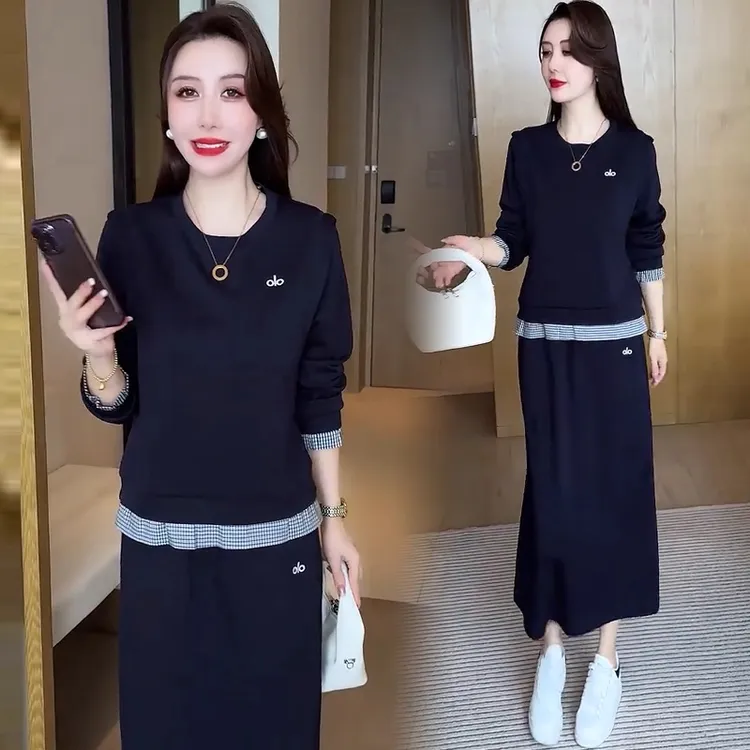 时尚套装裙女2025秋季新款洋气显瘦假两件拼接上衣半身裙两件套潮