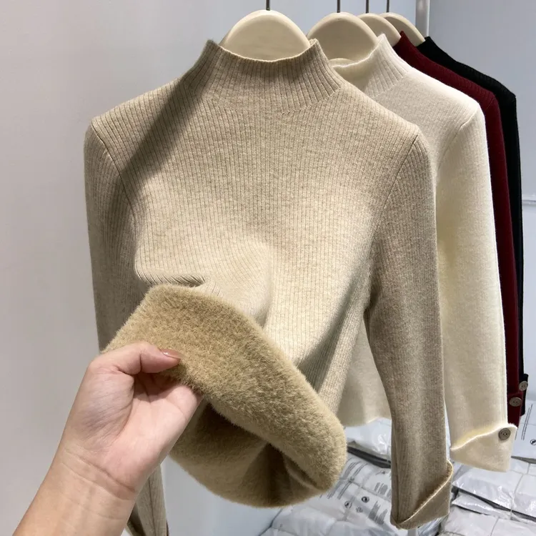 冬季针织加绒加厚款半高领女毛针织衫加绒打底衫长袖纯色一体绒女
