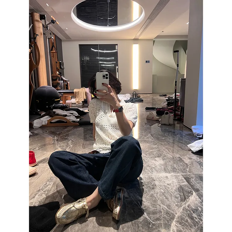 SHIIEELL现货法式镂空洋气气质棉纱手工钩花短袖翻领针织衫Z3E05