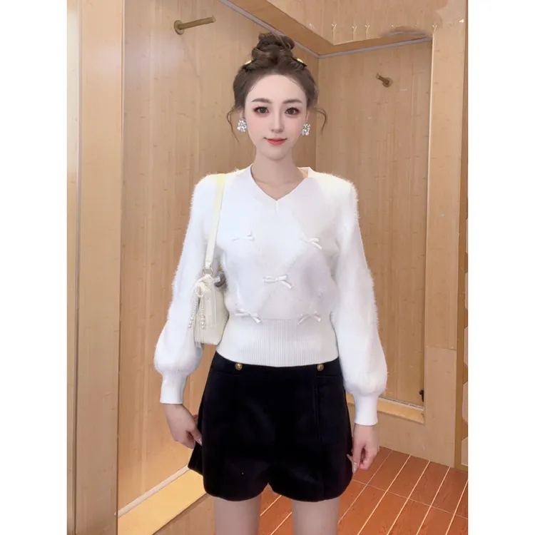 IEF/爱依服2025秋冬新款法式甜美气质蝴蝶结设计通勤百搭毛织上衣