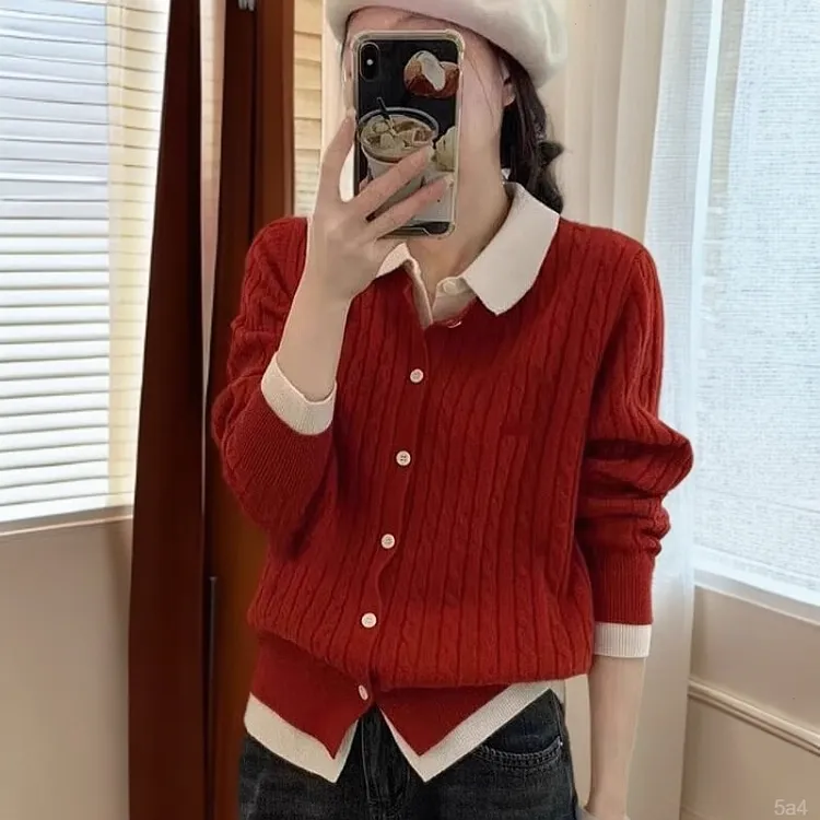 洋气假两件针织开衫2025春秋新款女小众红色翻领毛衣外套打底上衣