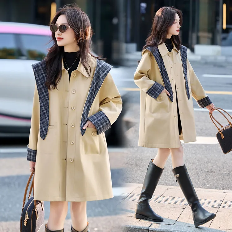 韩版格子拼接连帽风衣外套女2025春秋新款洋气时髦宽松中长款大衣