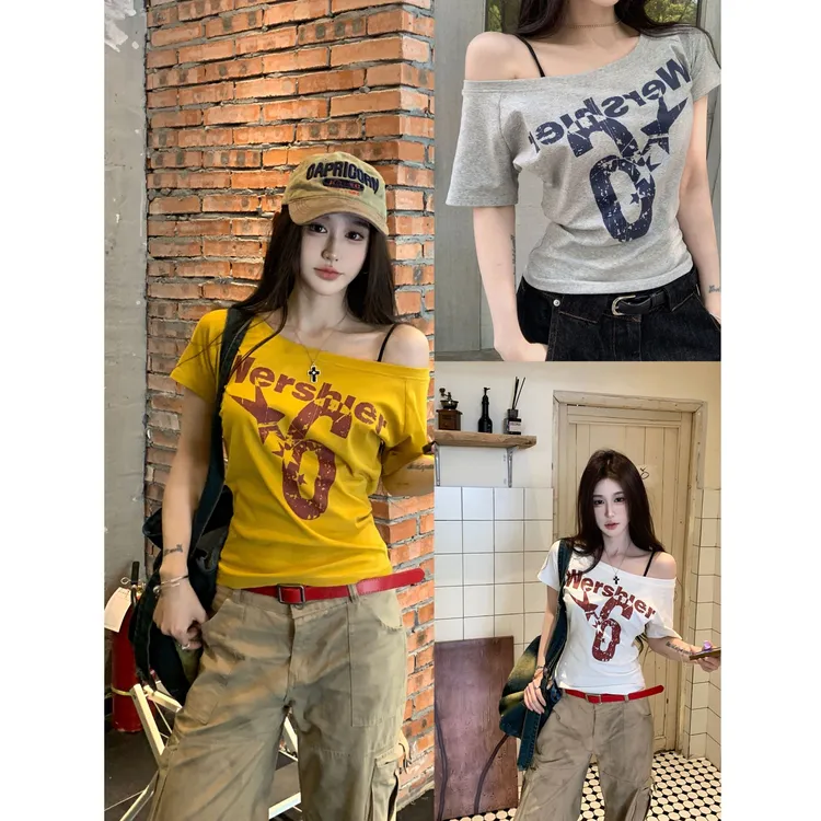 美式复古印花字母显瘦短袖t恤女夏季2025新款露肩一字领辣妹上衣