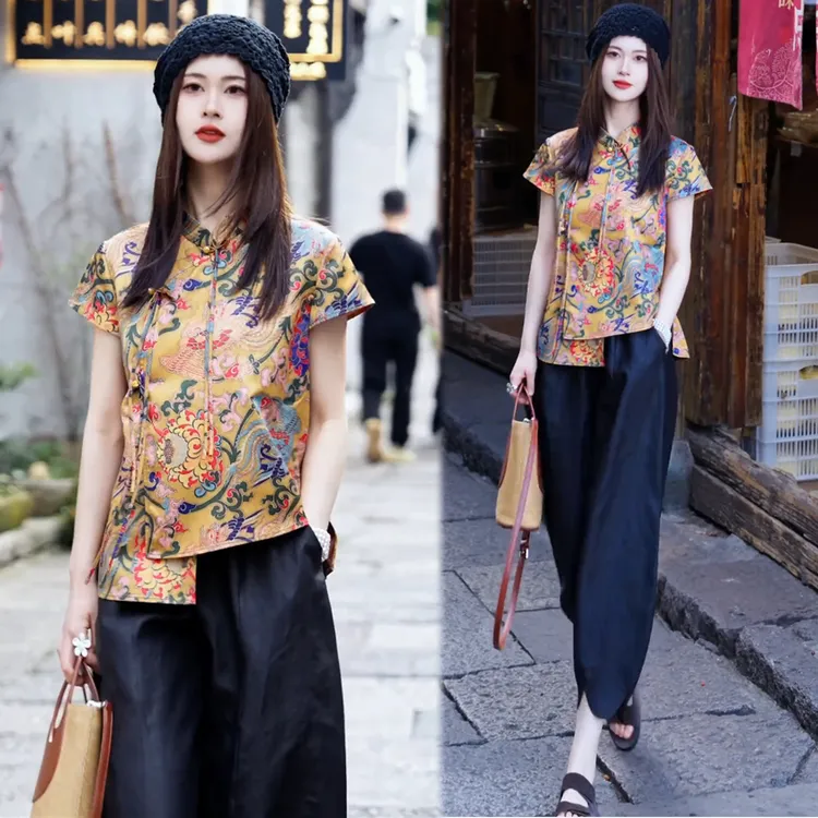 新中式国风套装女2025夏季新款短袖缎面盘扣上衣九分花苞裤两件套