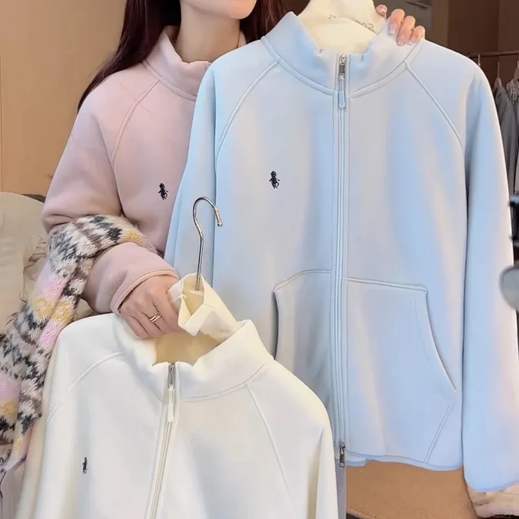 2025秋冬新款加绒加厚立领拉链刺绣极简风保暖卫衣女时尚开衫上衣
