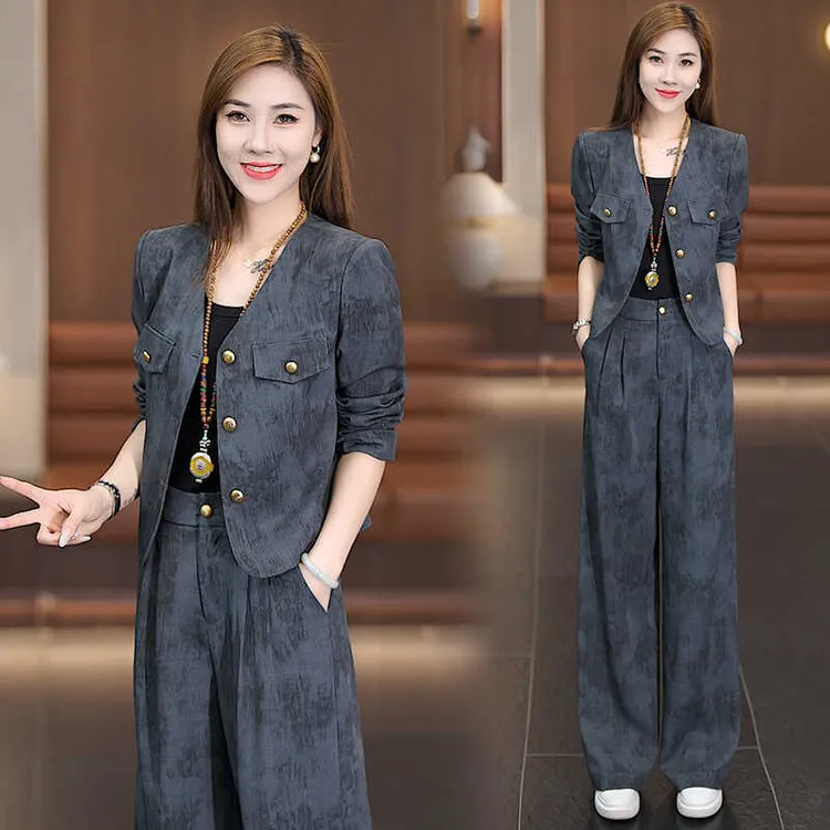 休闲运动服套装女2024年秋季新款洋气减龄单排扣外套阔腿裤两件套