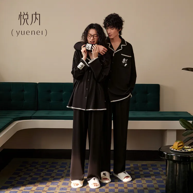 悦内情侣睡衣女士春秋季纯棉长袖家居服男款大码开衫黑色熊猫