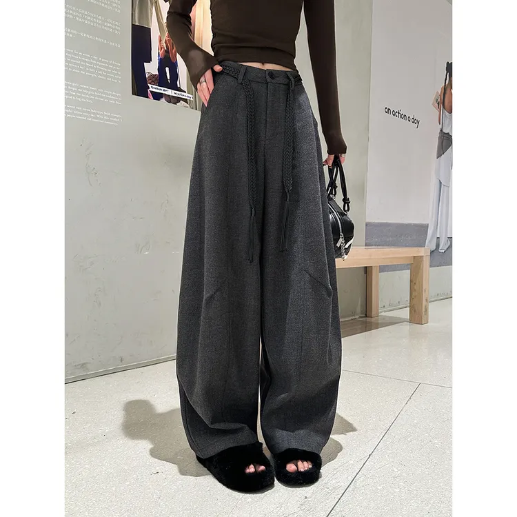 动感少女毛呢弯刀休闲裤女2025秋季韩版高腰宽松阔腿裤拖地长裤潮