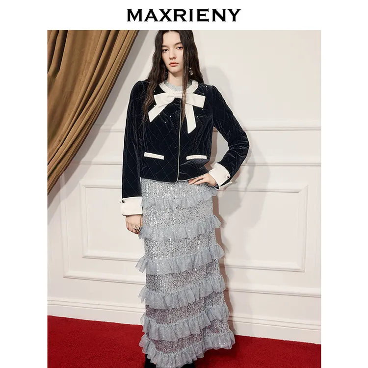 MAXRIENY菱格纹绗缝丝绒外套廓形小香风25冬款暖冬甜美感千金穿搭