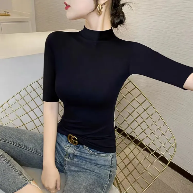 莫代尔中袖半高领打底衫女2025新款春秋大码修身内搭五分袖上衣潮