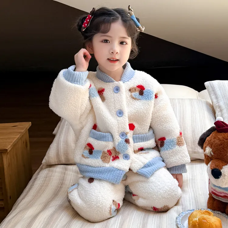 女童睡衣秋冬2025新款女孩宝宝开衫套装冬季立领儿童珊瑚绒家居服