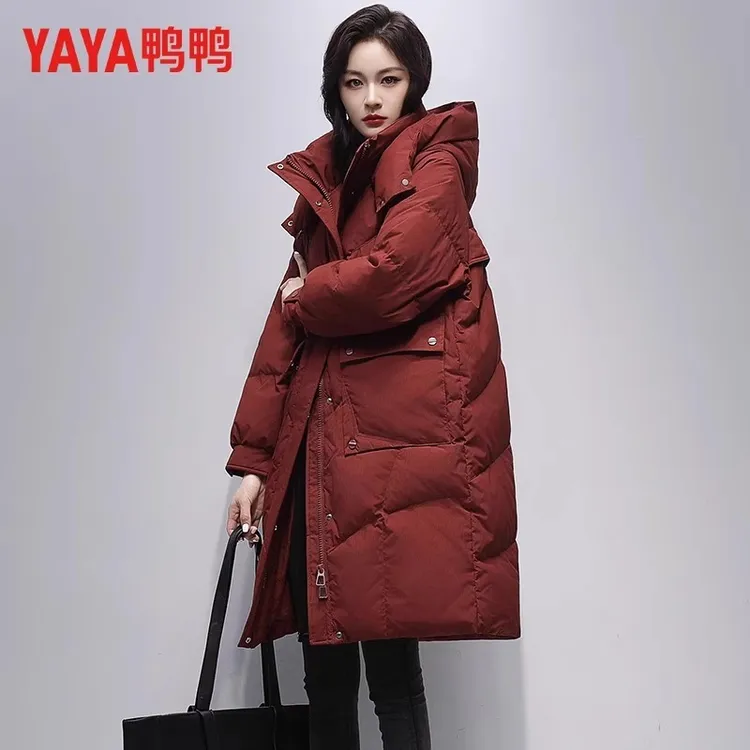 鸭鸭今年爆款红色羽绒服女士中长款2025新款冬季高端品牌大码外套