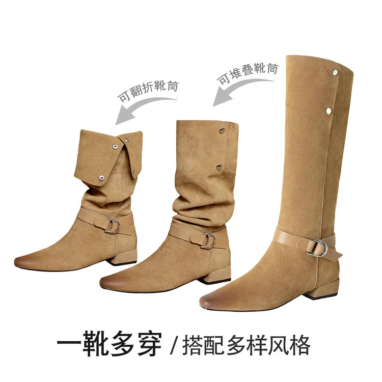 2025新款一鞋多穿沙漠音乐节新款长筒美拉德真皮堆堆靴 西部