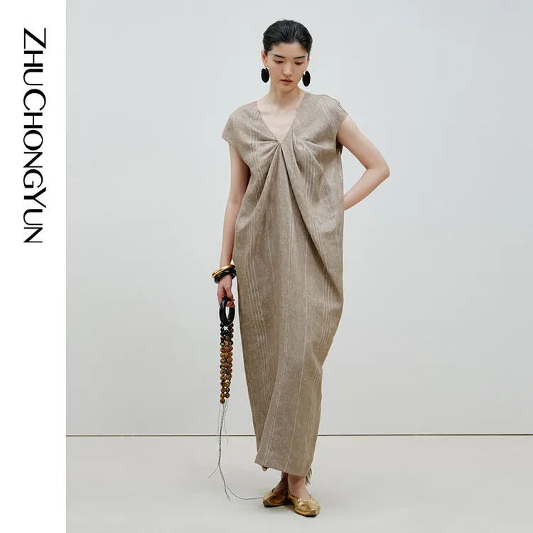 ZHUCHONGYUN夏款优雅V领褶皱收腰设计亚麻长款连衣裙C1EG21016