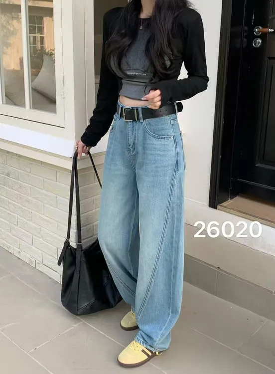 蓝色夏季窄版阔腿裤复古蓝常规休闲宽松弯刀牛仔裤时尚高腰裤子